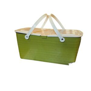 Vintage BEE PLASTICS PICNIC BASKET AVOCADO & WHITE HANDLES & LID